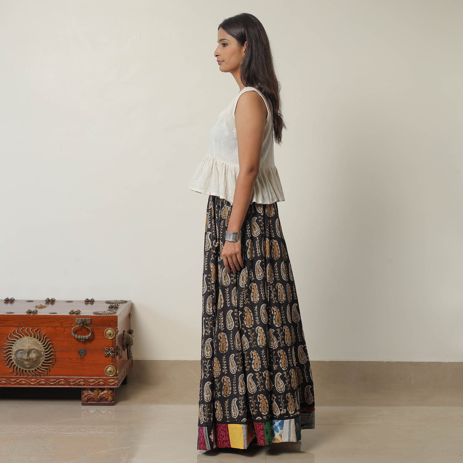 Black - Bagru Block Printed 24 Kali Patchwork Cotton Long Skirt 40