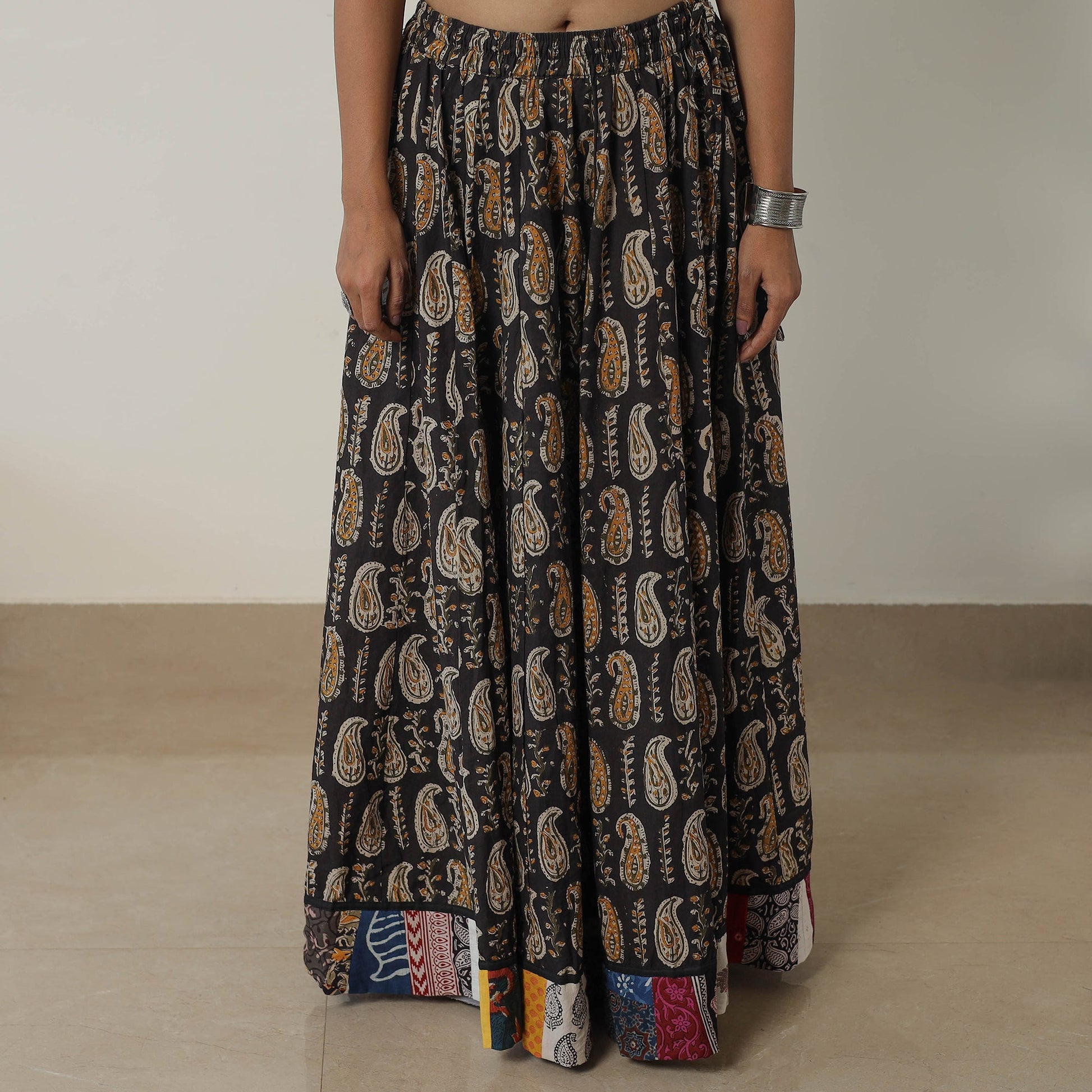 Black - Bagru Block Printed 24 Kali Patchwork Cotton Long Skirt 40