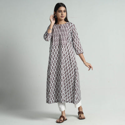 Brown - Jaipur Screen Printed Patchwork Cotton A-Line Long Kurta