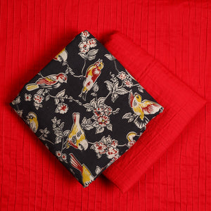 Black - 3pc Cotton Kalamkari Print Kurta with Plain Dupatta 10