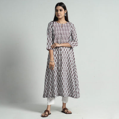 Brown - Jaipur Screen Printed Patchwork Cotton A-Line Long Kurta