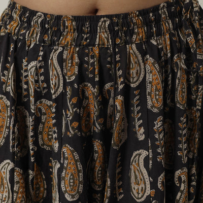 Black - Bagru Block Printed 24 Kali Patchwork Cotton Long Skirt 40