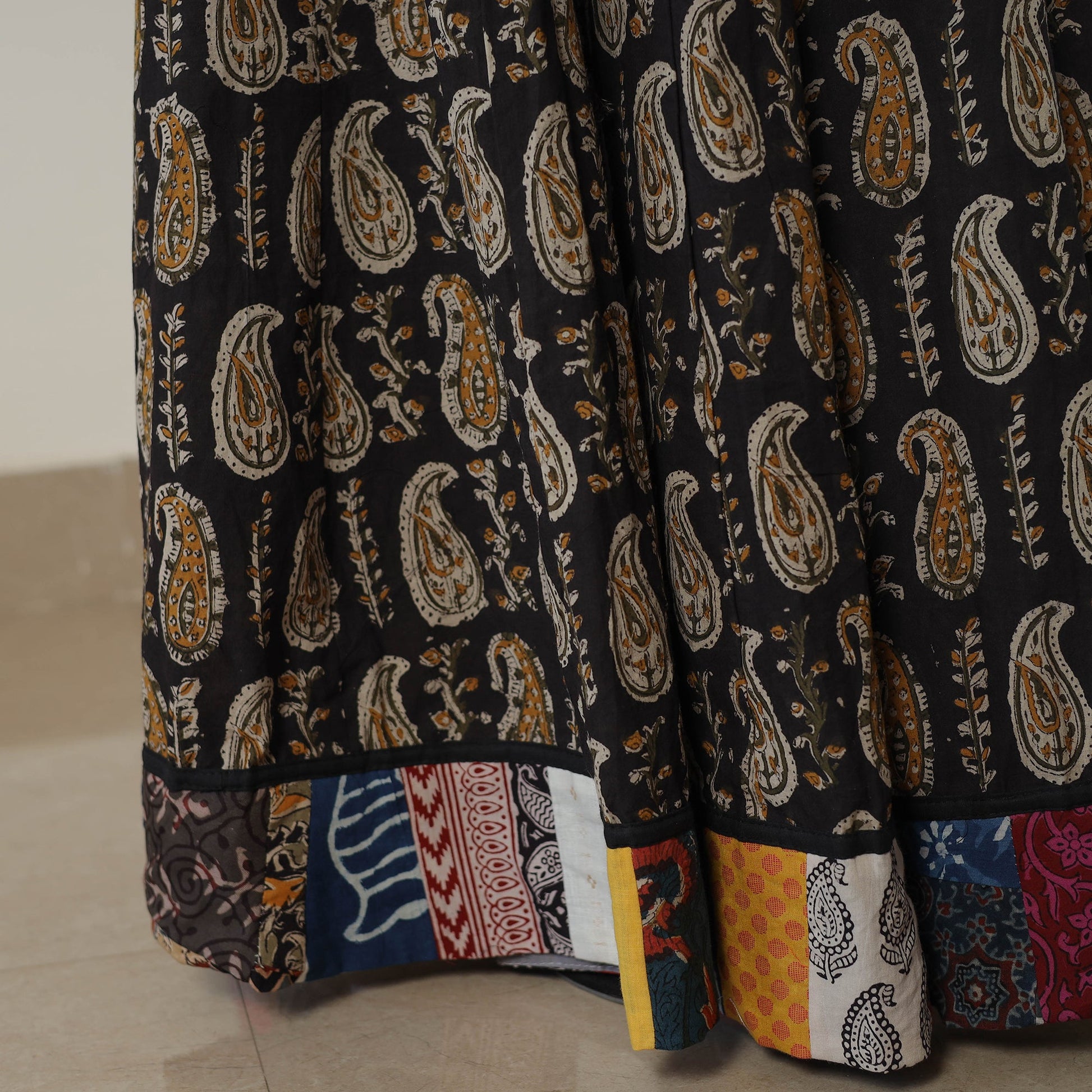 Black - Bagru Block Printed 24 Kali Patchwork Cotton Long Skirt 40