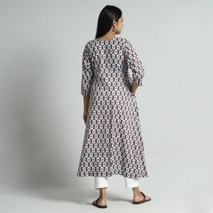 Brown - Jaipur Screen Printed Patchwork Cotton A-Line Long Kurta