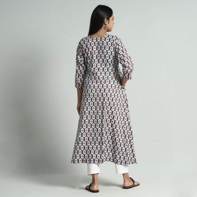Brown - Jaipur Screen Printed Patchwork Cotton A-Line Long Kurta