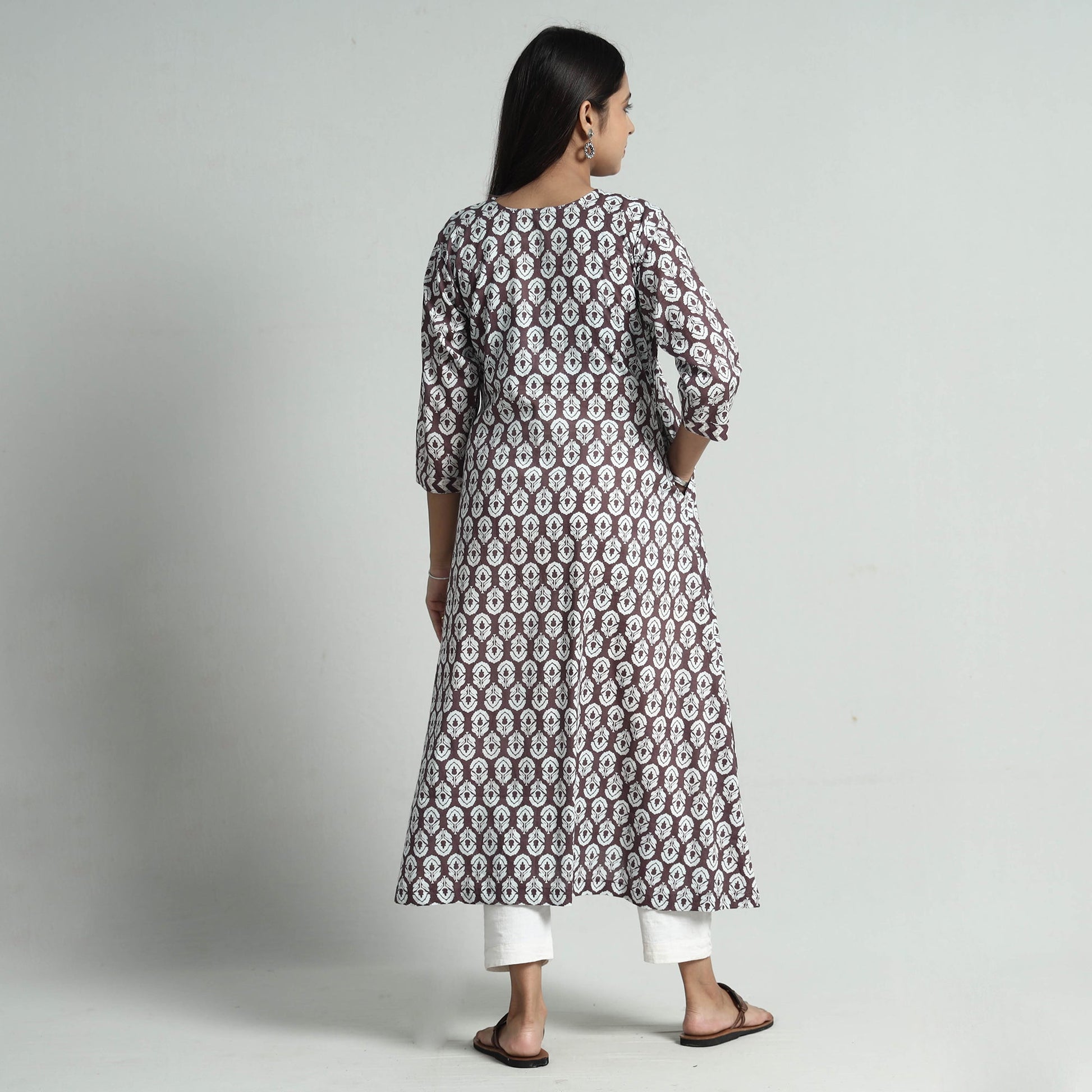 Brown - Jaipur Screen Printed Patchwork Cotton A-Line Long Kurta
