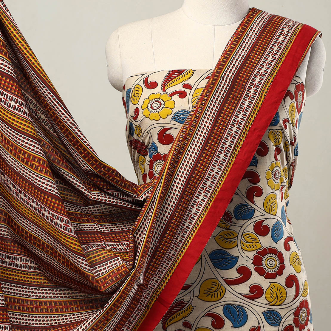 Beige - 3pc Cotton Kalamkari Print Dress Material 22