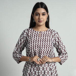 Brown - Jaipur Screen Printed Patchwork Cotton A-Line Long Kurta