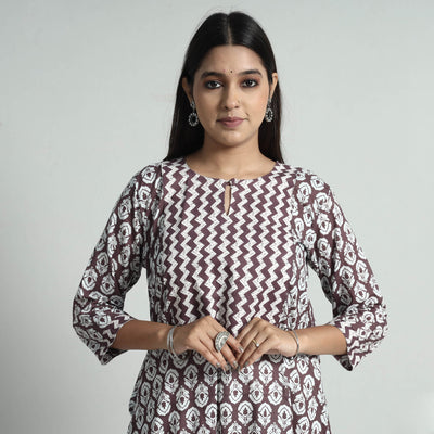 Brown - Jaipur Screen Printed Patchwork Cotton A-Line Long Kurta