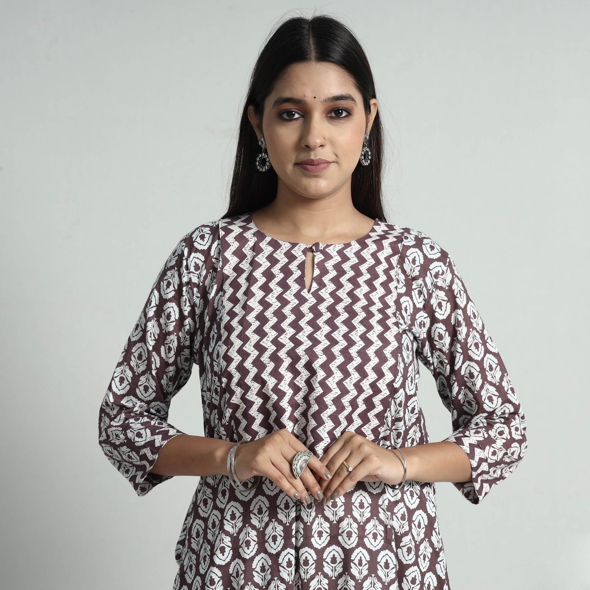Brown - Jaipur Screen Printed Patchwork Cotton A-Line Long Kurta