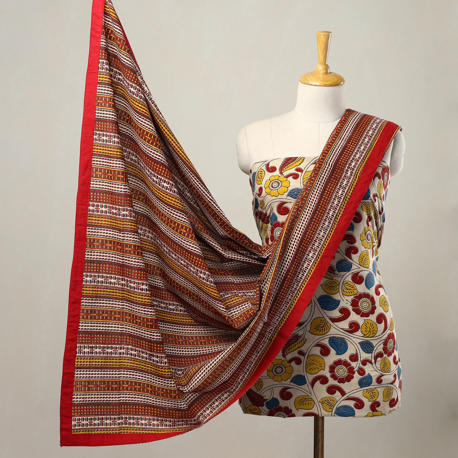 Beige - 3pc Cotton Kalamkari Print Dress Material 22