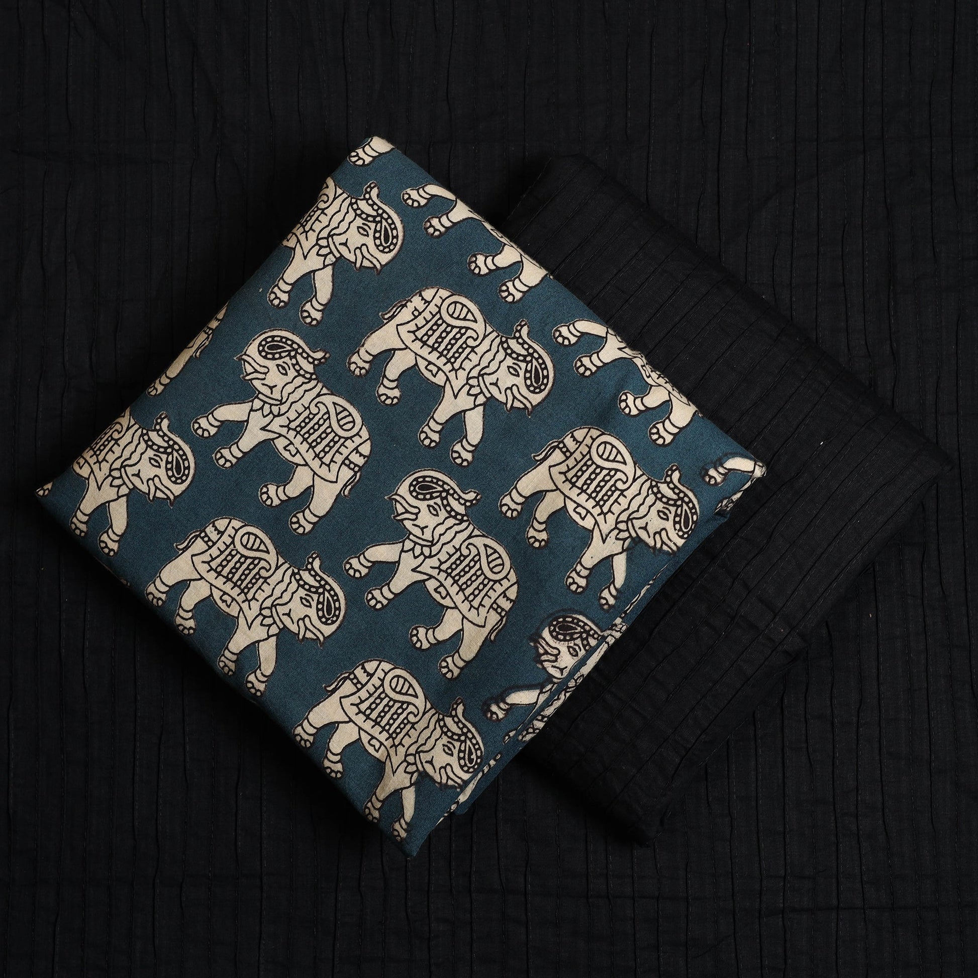 Blue - 3pc Cotton Kalamkari Print Kurta with Plain Dupatta 12