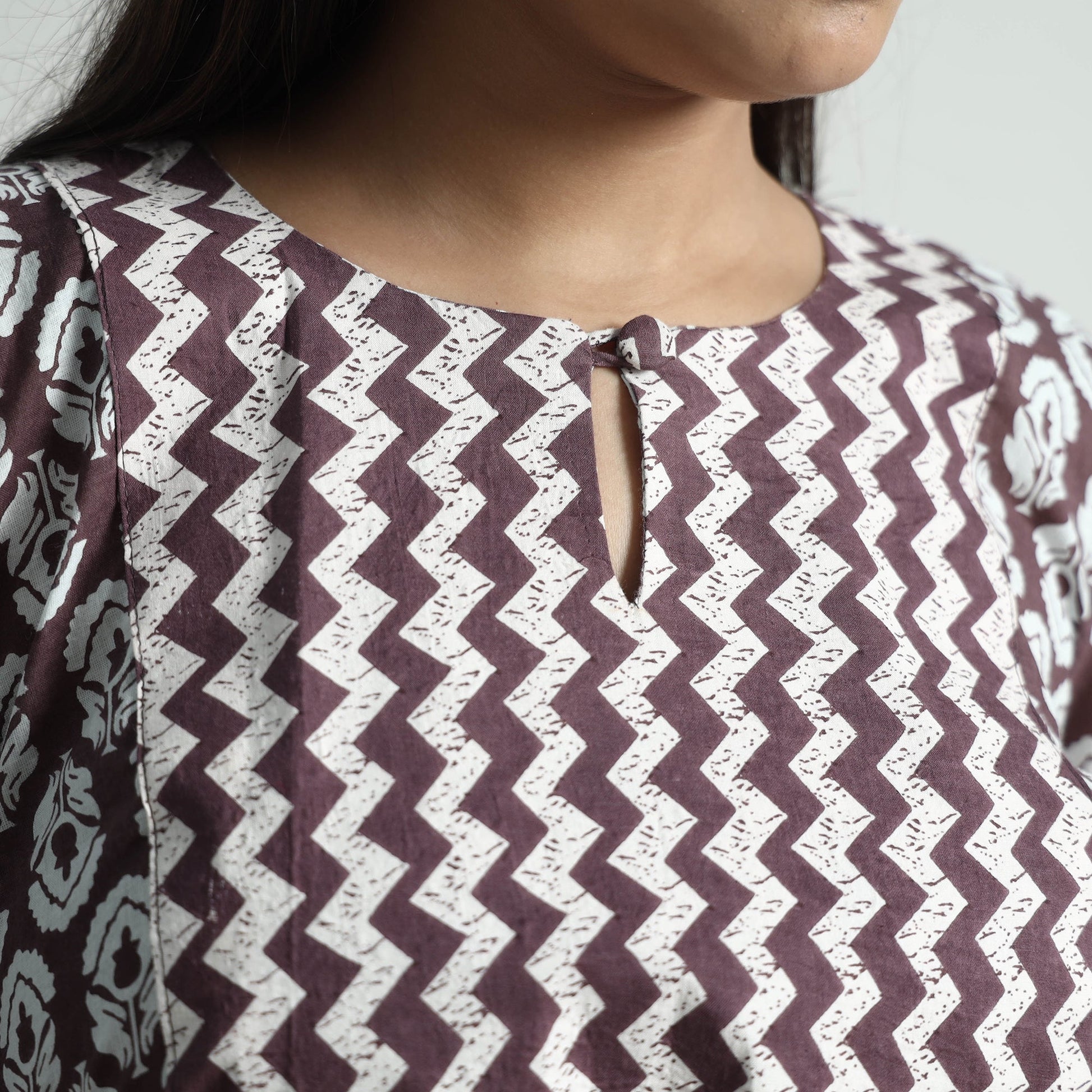 Brown - Jaipur Screen Printed Patchwork Cotton A-Line Long Kurta