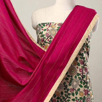 Beige - 3pc Cotton Kalamkari Print Dress Material 24