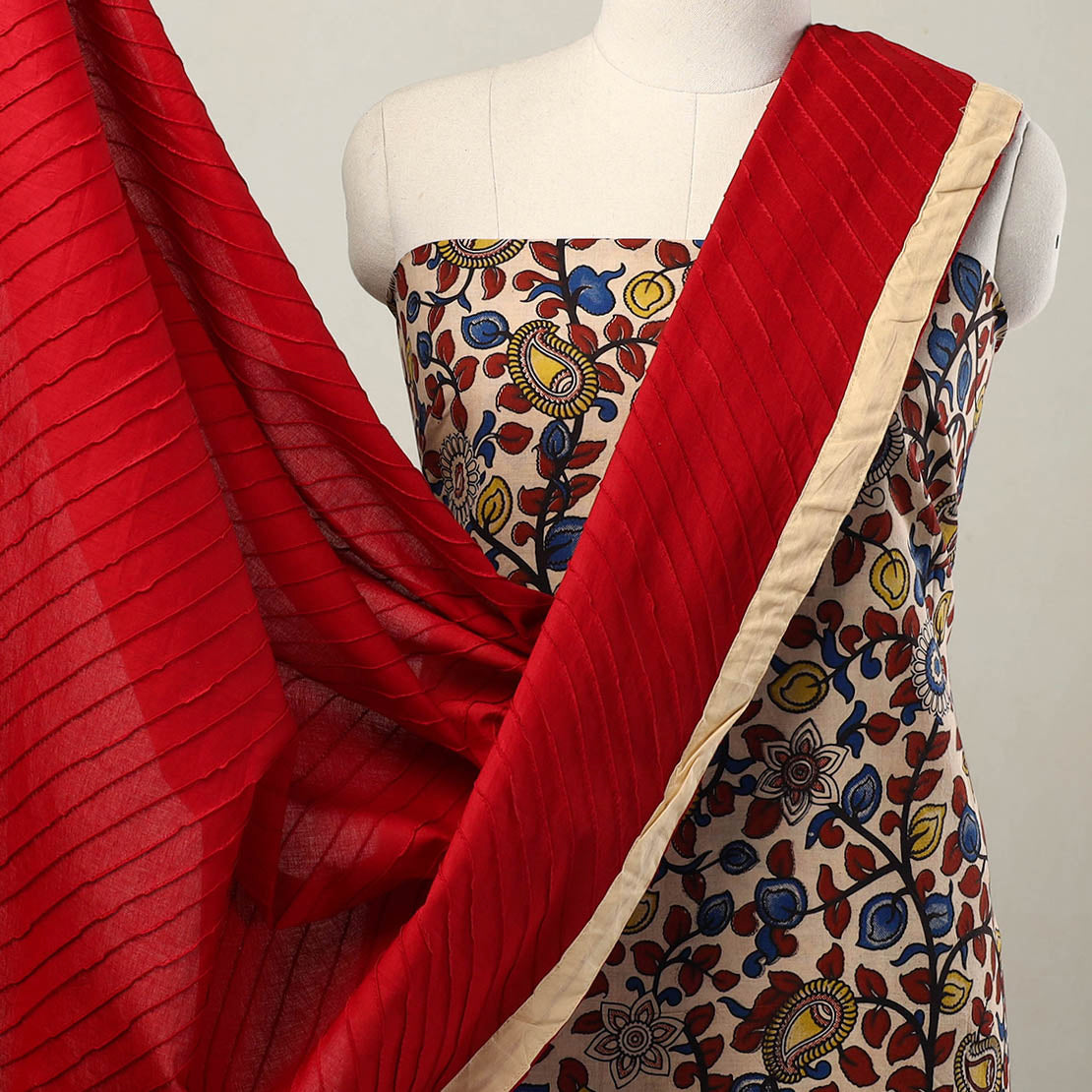 Beige - 3pc Cotton Kalamkari Print Kurta with Plain Dupatta 30
