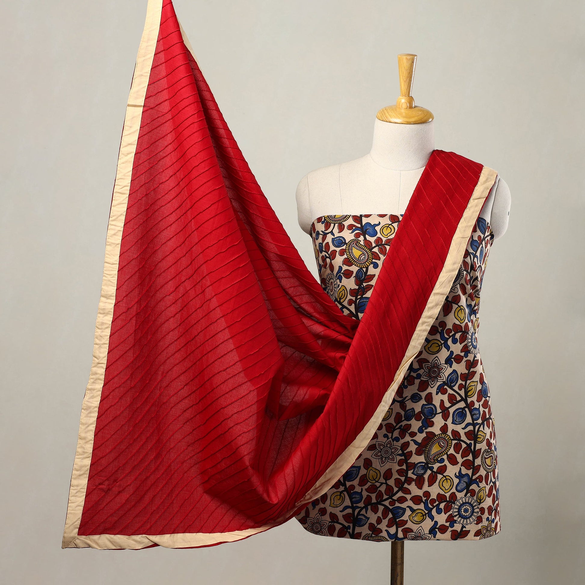 Beige - 3pc Cotton Kalamkari Print Kurta with Plain Dupatta 30