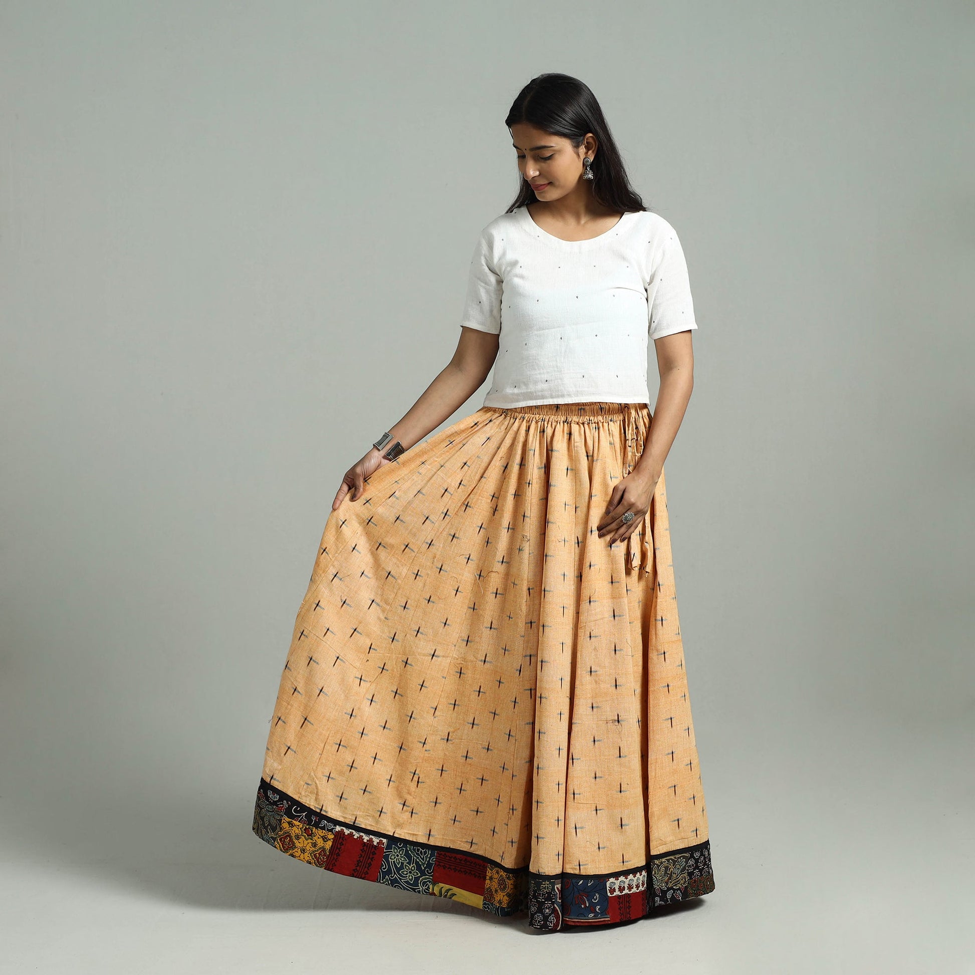 Beige - 24 Kali Patchwork Cotton Pochampally Ikat Skirt 44