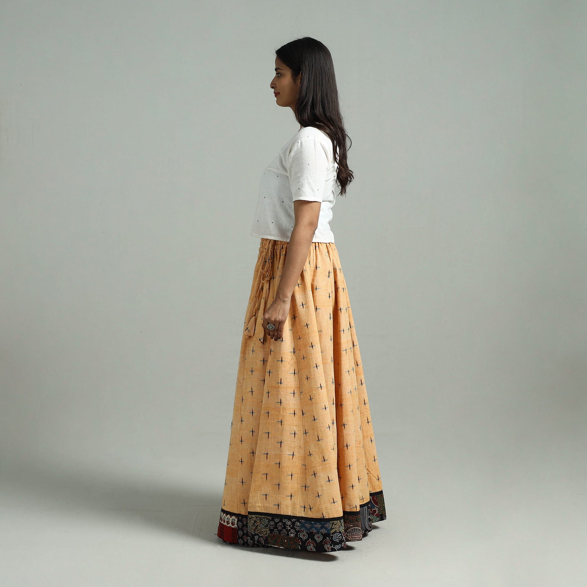 Beige - 24 Kali Patchwork Cotton Pochampally Ikat Skirt 44