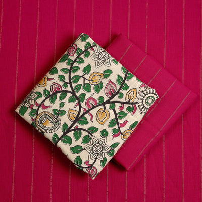 Beige - 3pc Cotton Kalamkari Print Dress Material 24