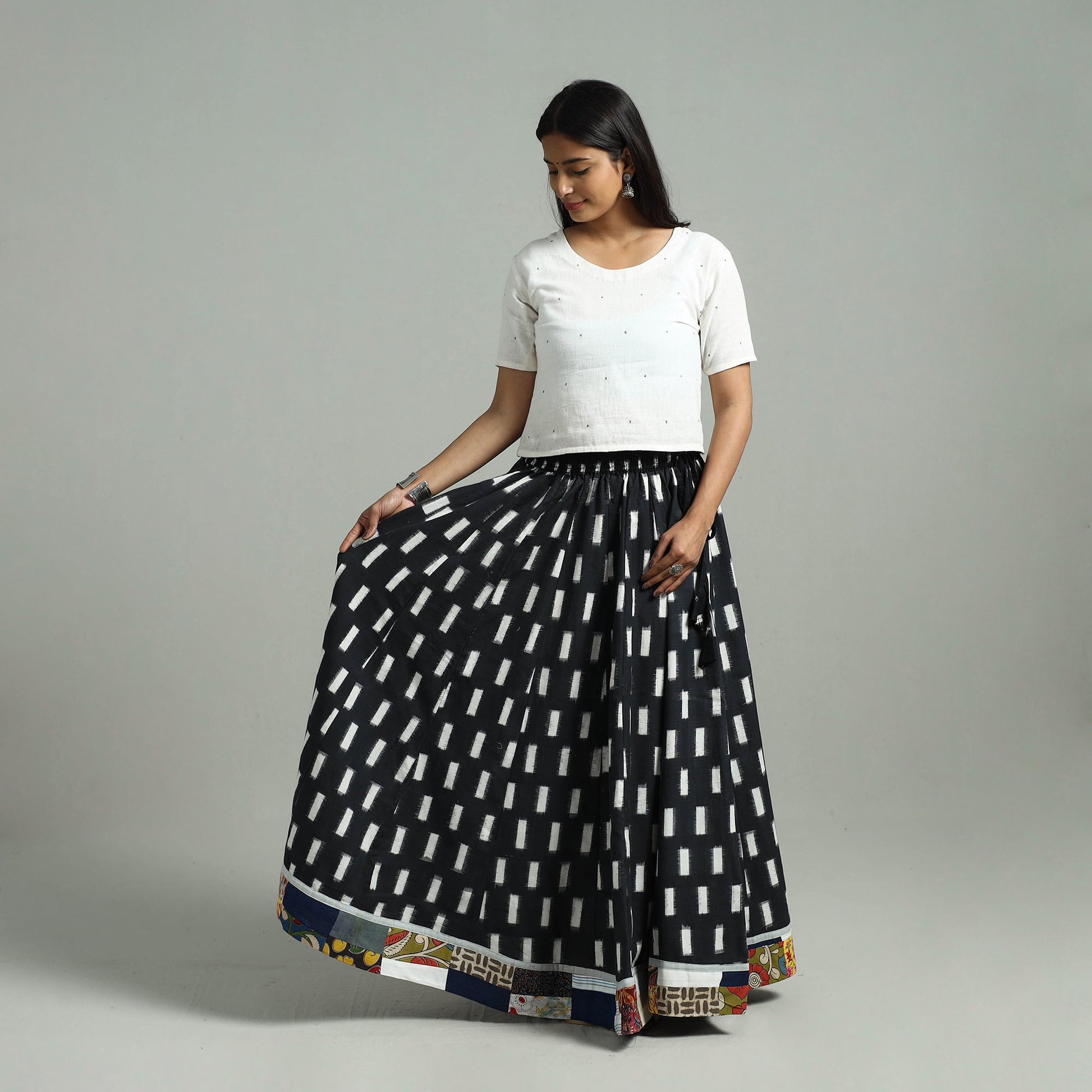 Black - 24 Kali Patchwork Cotton Pochampally Ikat Skirt 46