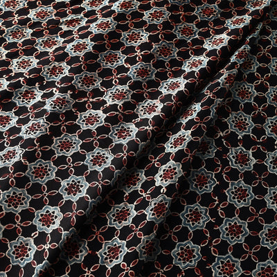Black - Ajrakh Block Printed Natural Dyed Modal Silk Fabric 03