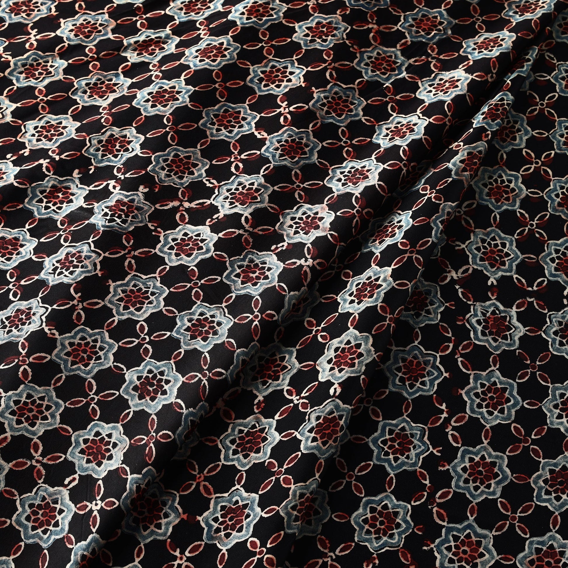 Black - Ajrakh Block Printed Natural Dyed Modal Silk Fabric 03