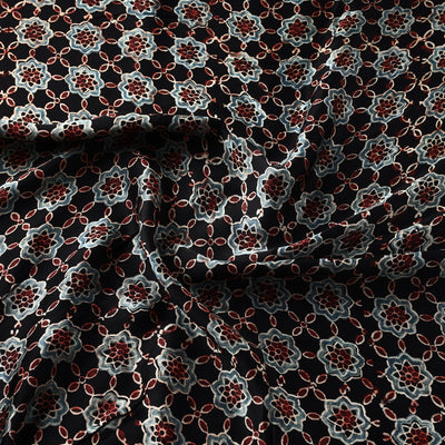 Black - Ajrakh Block Printed Natural Dyed Modal Silk Fabric 03