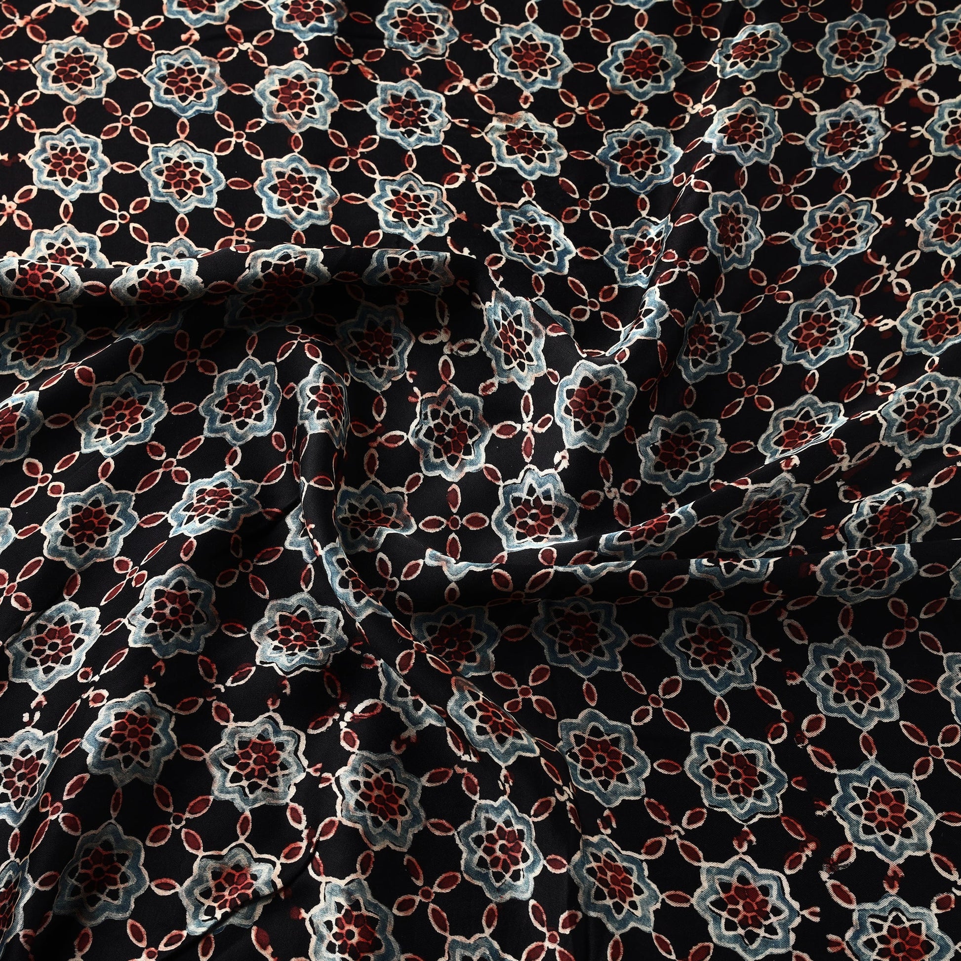 Black - Ajrakh Block Printed Natural Dyed Modal Silk Fabric 03