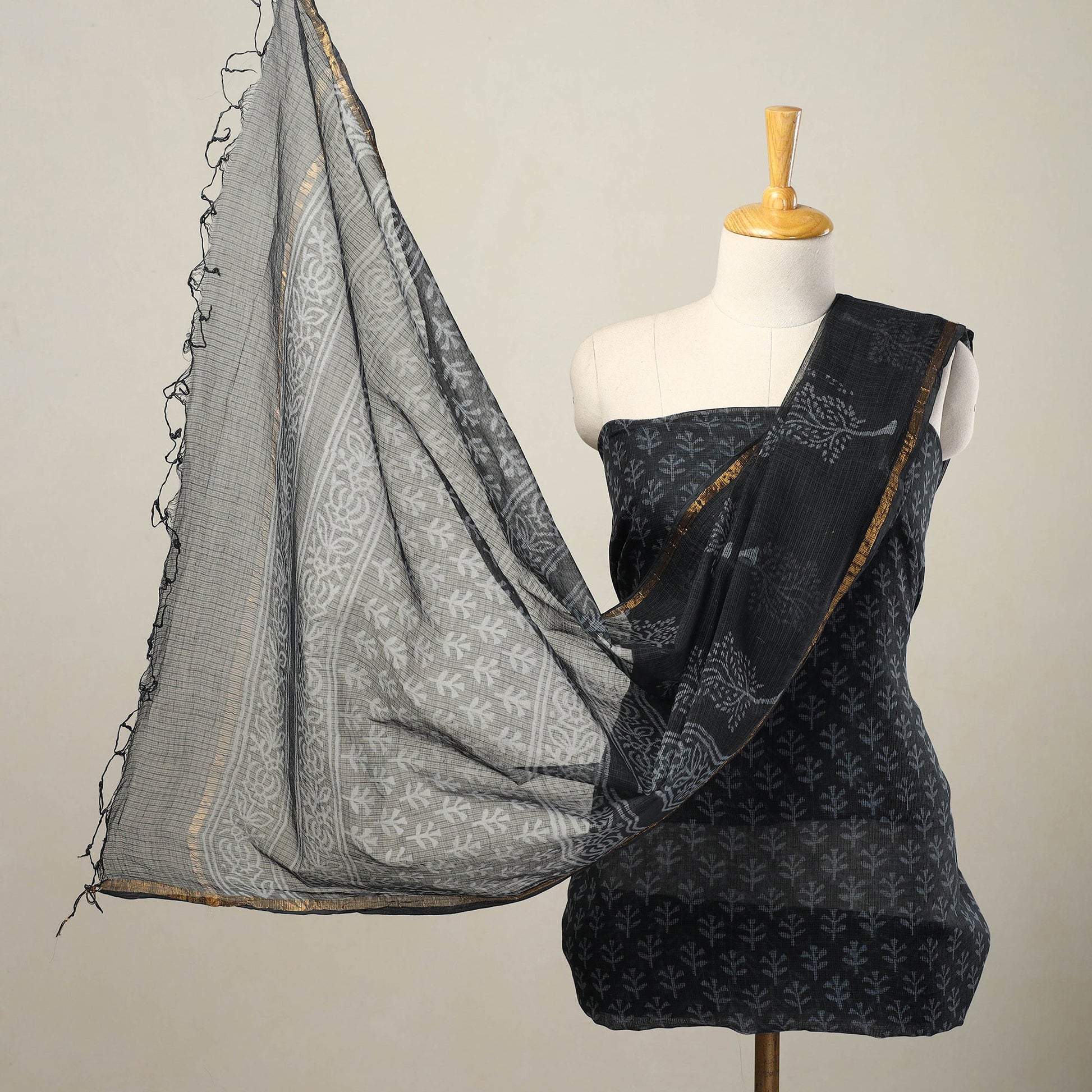 Black - 3pc Block Print Kota Cotton Batik Dress Material 01