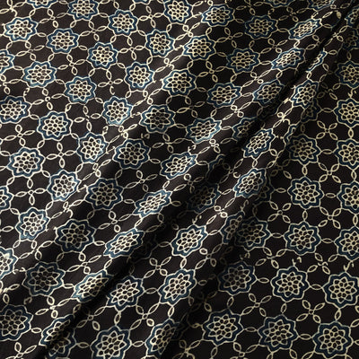 Black - Ajrakh Block Printed Natural Dyed Modal Silk Fabric 05