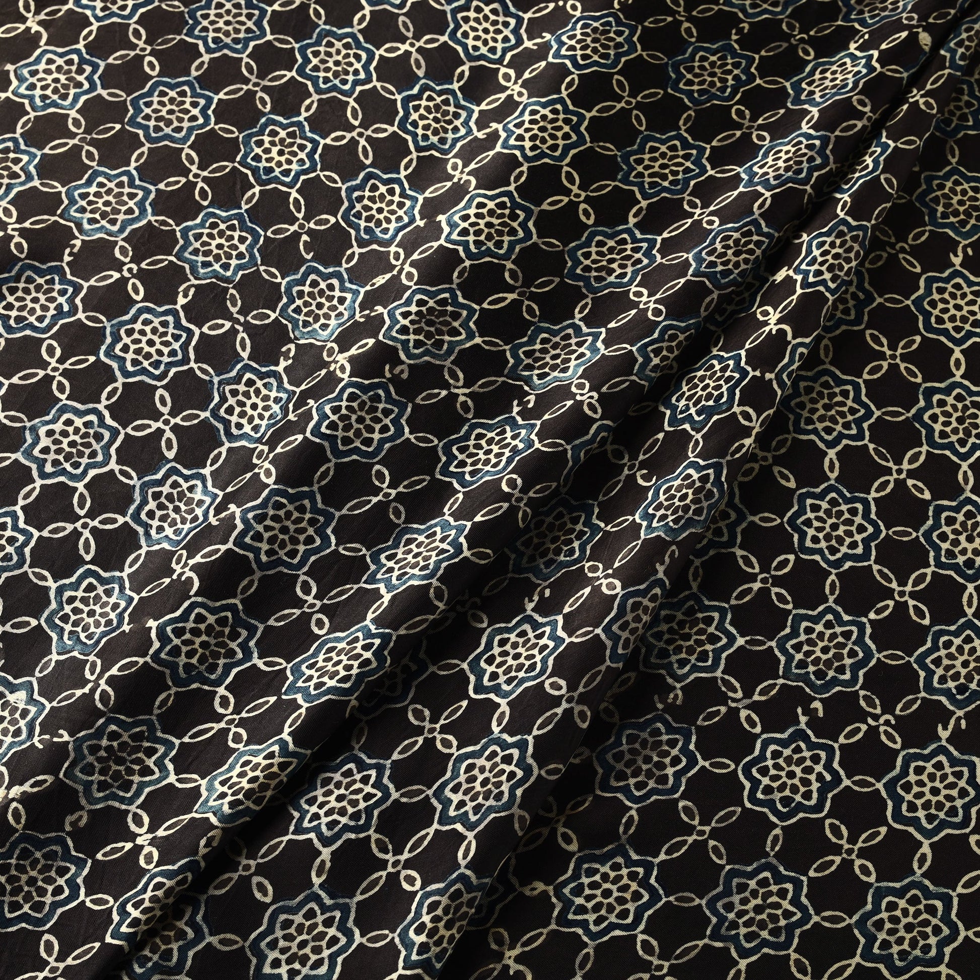 Black - Ajrakh Block Printed Natural Dyed Modal Silk Fabric 05