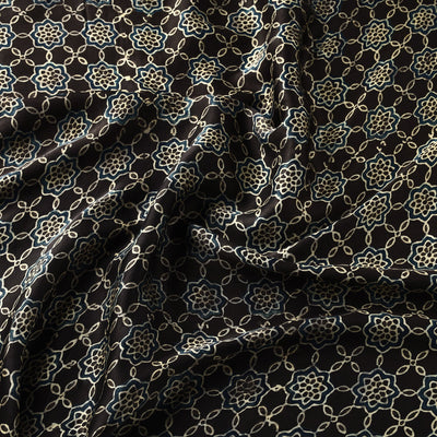 Black - Ajrakh Block Printed Natural Dyed Modal Silk Fabric 05