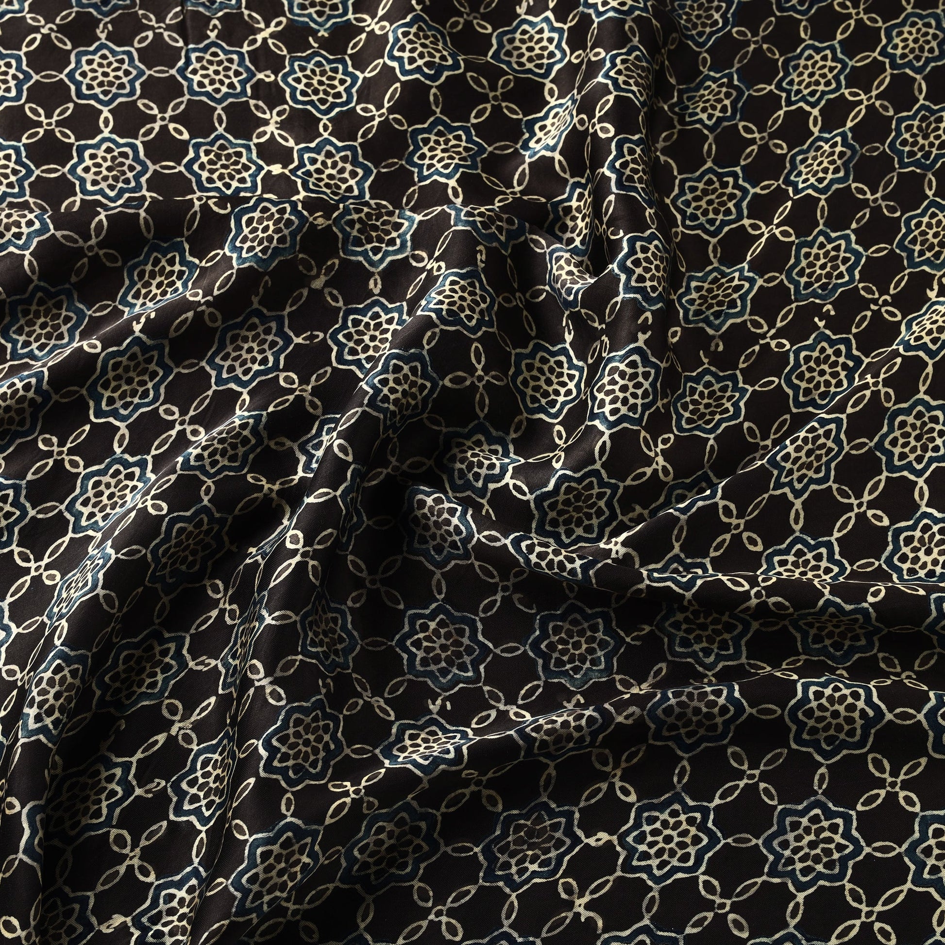 Black - Ajrakh Block Printed Natural Dyed Modal Silk Fabric 05