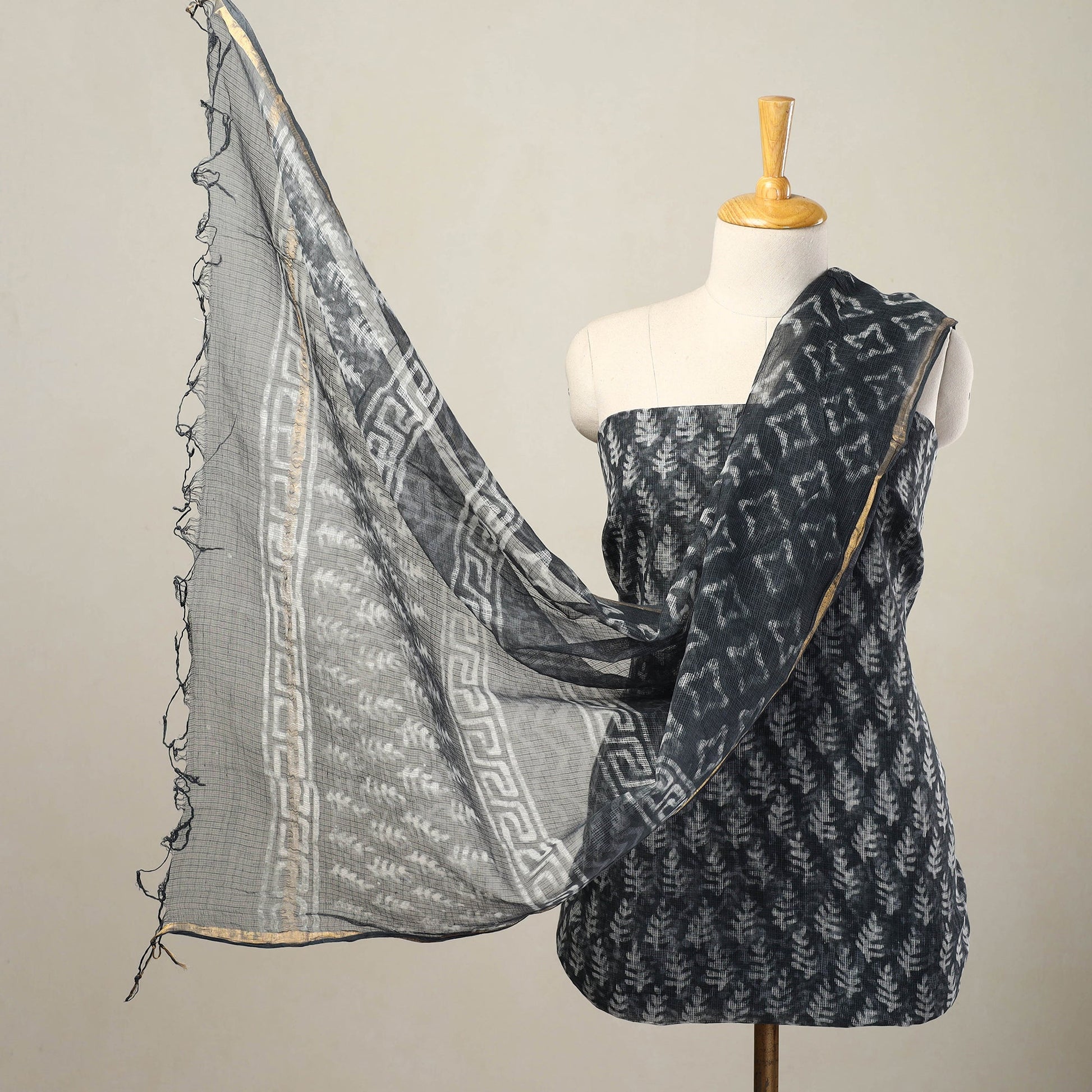 Black - 3pc Block Print Kota Cotton Batik Dress Material 05