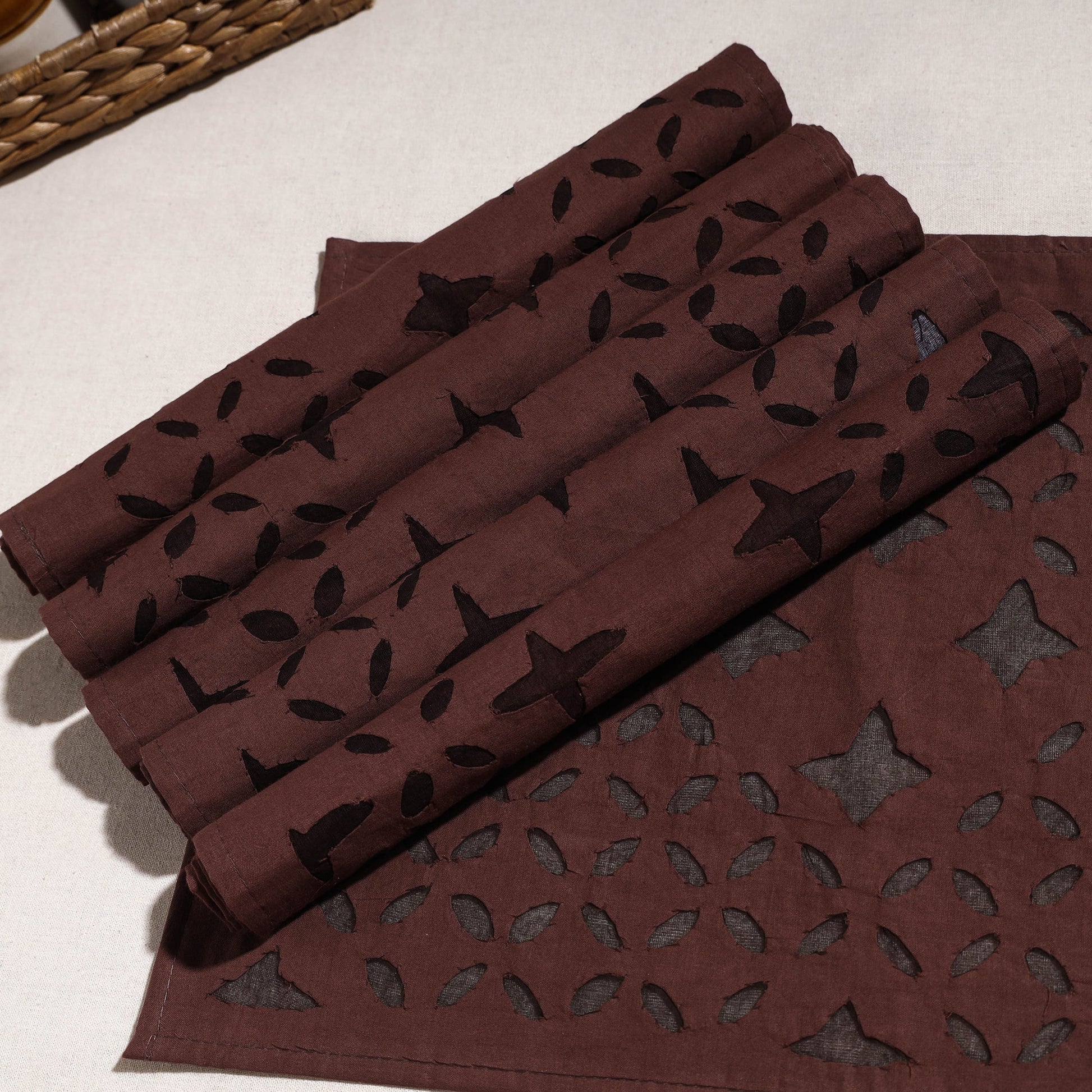 Brown - Applique Cut work Cotton Table Mats (set of 6)