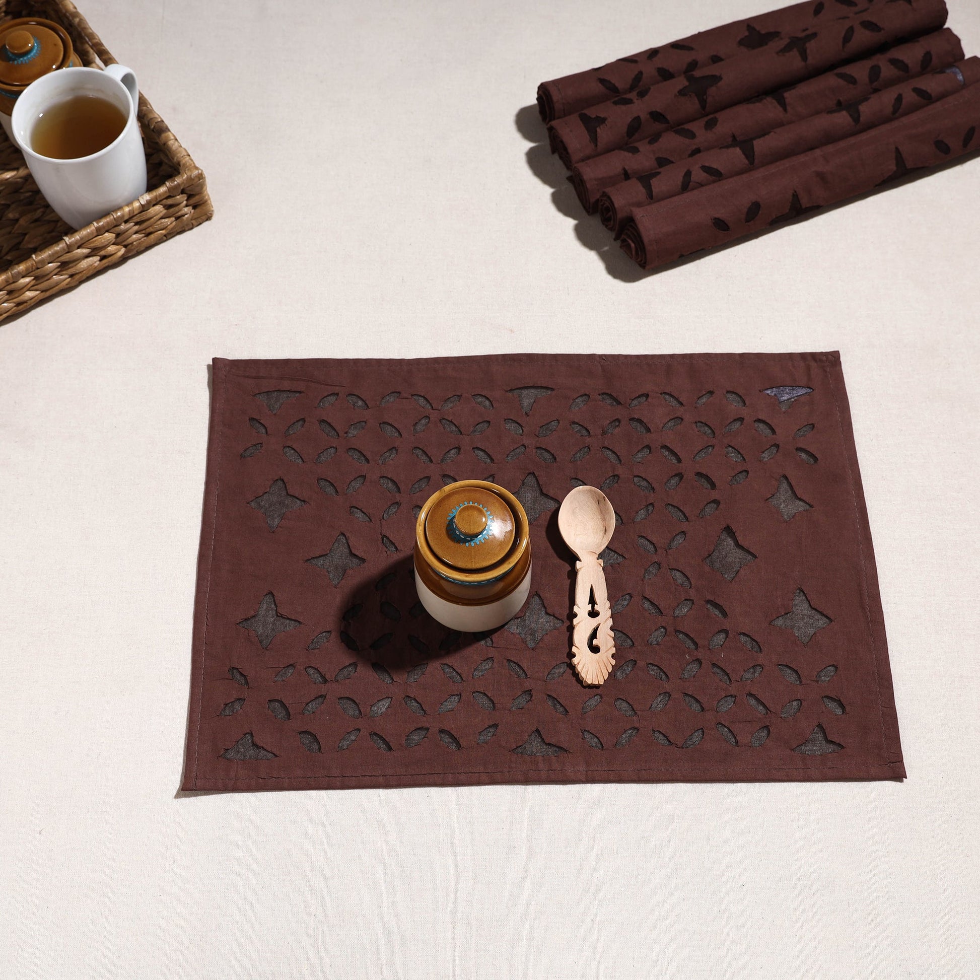 Brown - Applique Cut work Cotton Table Mats (set of 6)