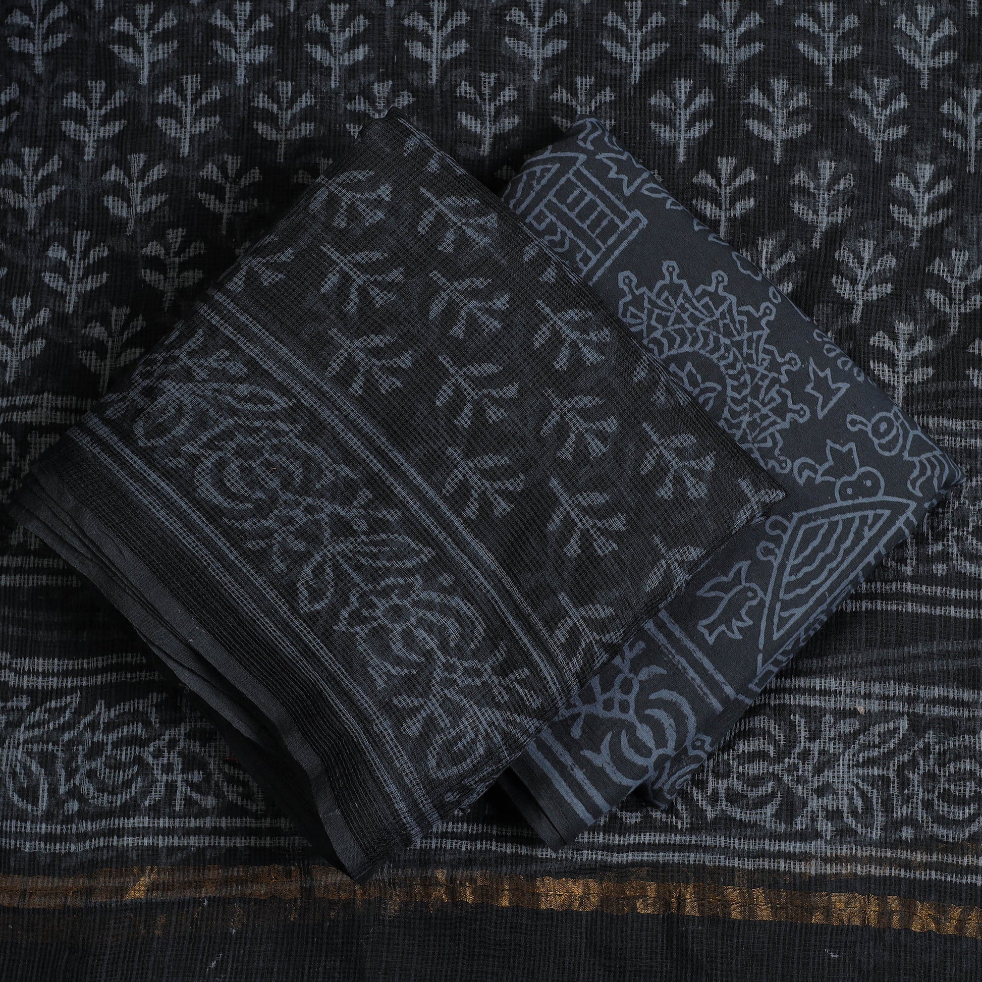Black - 3pc Block Print Kota Cotton Batik Dress Material 01