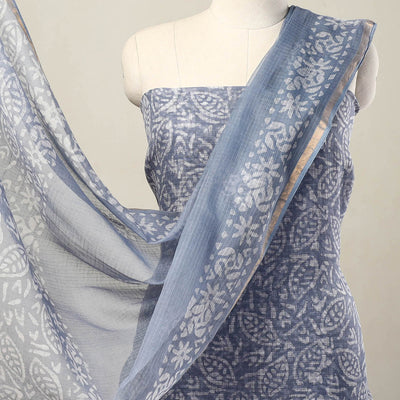 Blue - 3pc Block Print Kota Cotton Batik Dress Material 07