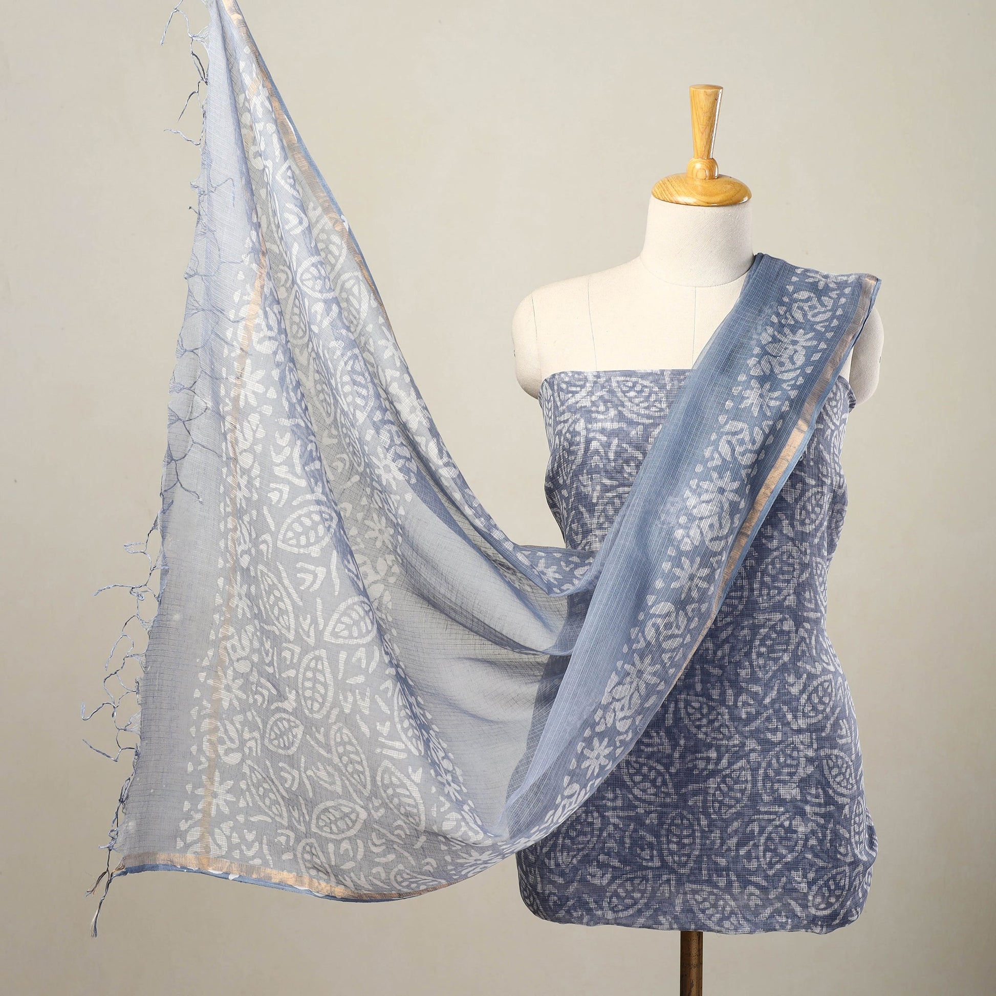 Blue - 3pc Block Print Kota Cotton Batik Dress Material 07