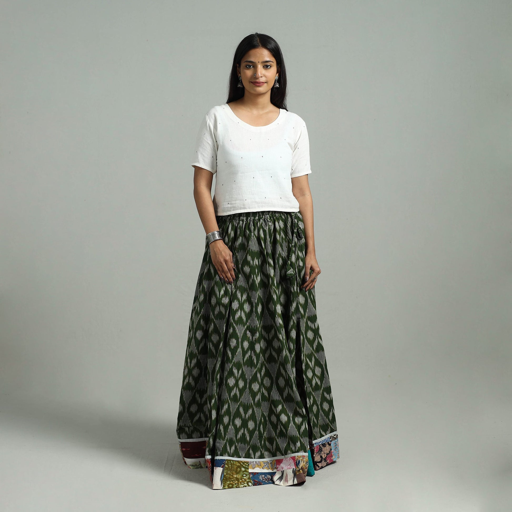 Green - 24 Kali Patchwork Cotton Pochampally Ikat Skirt 48