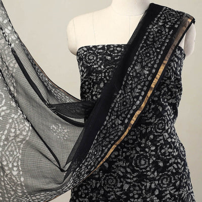 Black - 3pc Block Print Kota Cotton Batik Dress Material 08