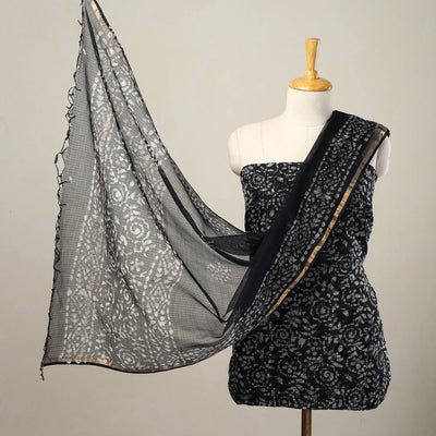 Black - 3pc Block Print Kota Cotton Batik Dress Material 08