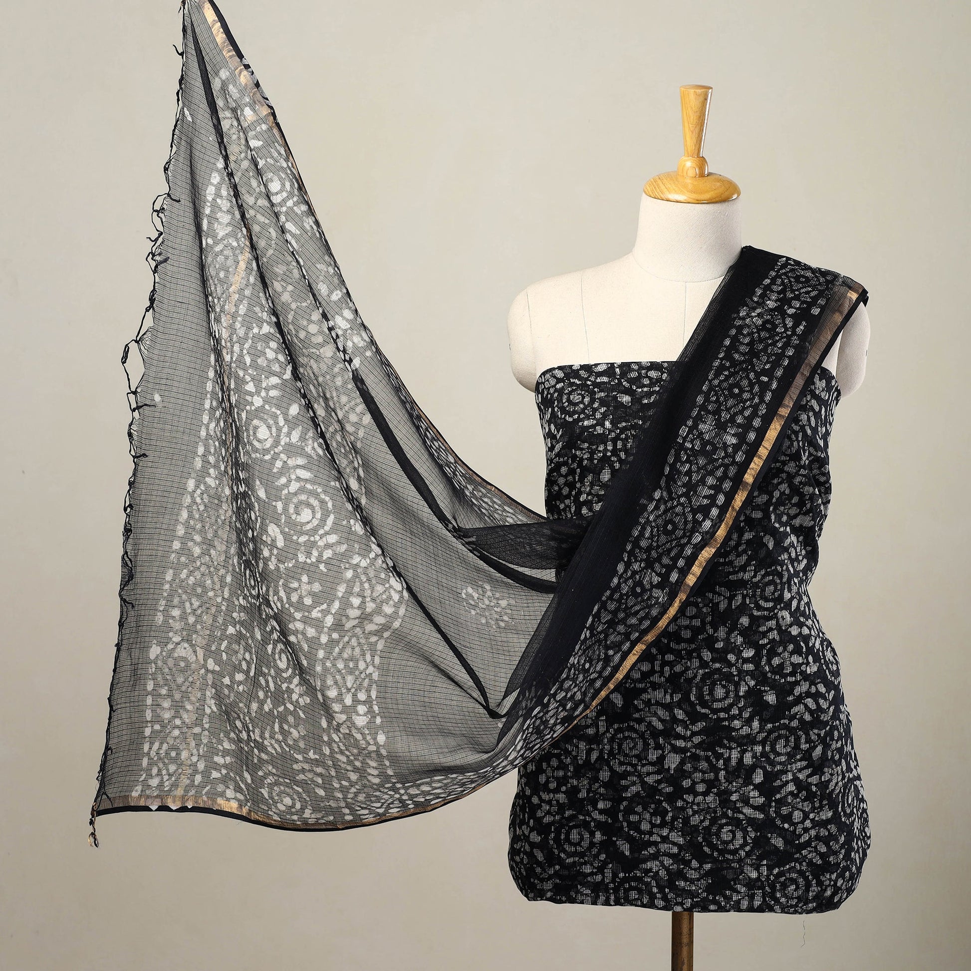Black - 3pc Block Print Kota Cotton Batik Dress Material 08