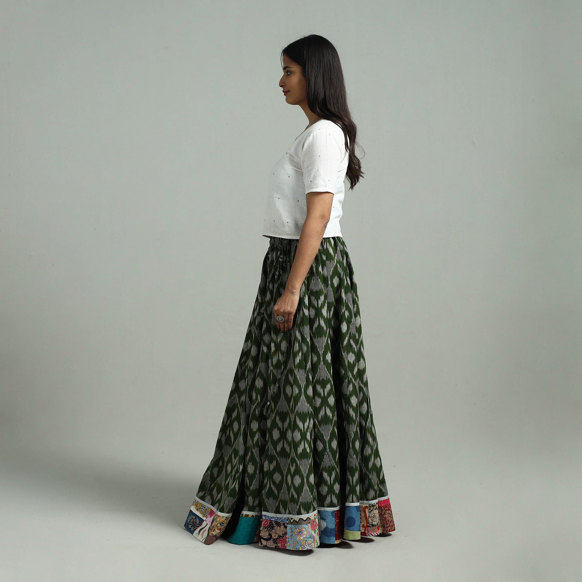 Green - 24 Kali Patchwork Cotton Pochampally Ikat Skirt 48