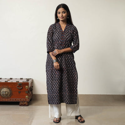 Brown - Jahota Block Printed Cotton Straight Kurta 10