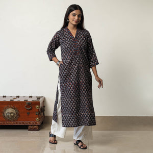 Brown - Jahota Block Printed Cotton Straight Kurta 10