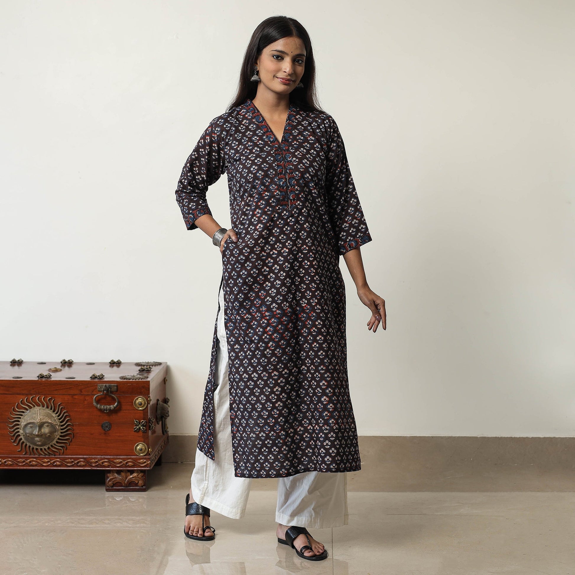 Brown - Jahota Block Printed Cotton Straight Kurta 10