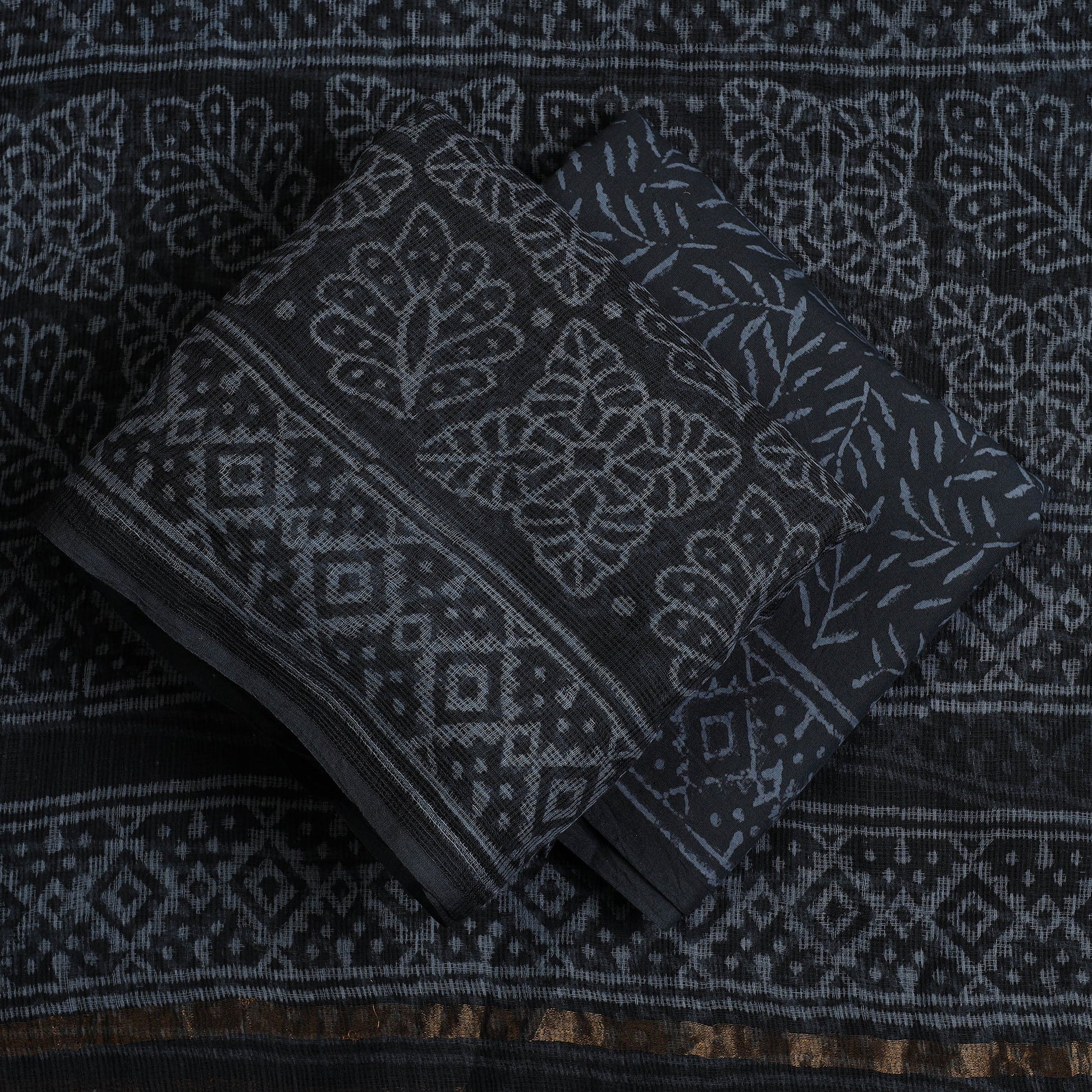 Black - 3pc Block Print Kota Cotton Batik Dress Material 03
