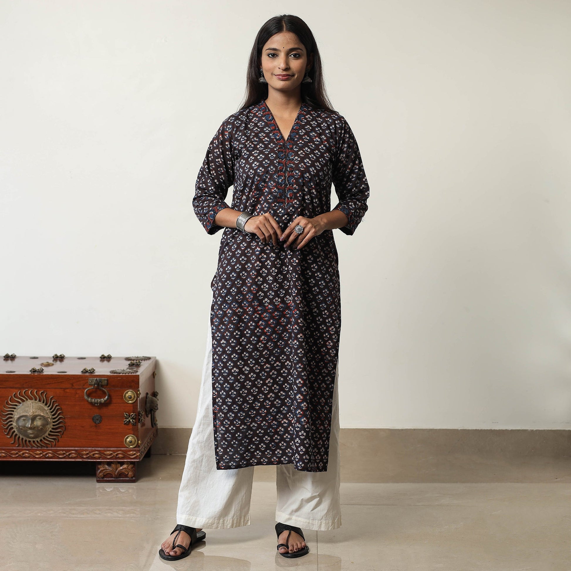 Brown - Jahota Block Printed Cotton Straight Kurta 10