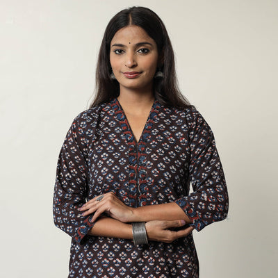 Brown - Jahota Block Printed Cotton Straight Kurta 10
